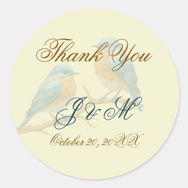 Ivory Pastel Lovebirds Romantic Bluebirds Wedding Classic Round Sticker (Front)