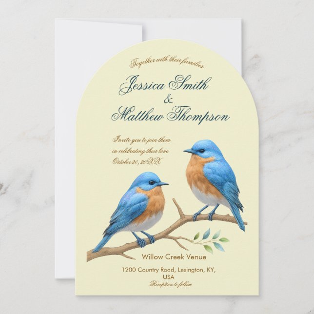Ivory Pastel Lovebirds Romantic Bluebirds Wedding Invitation (Front)