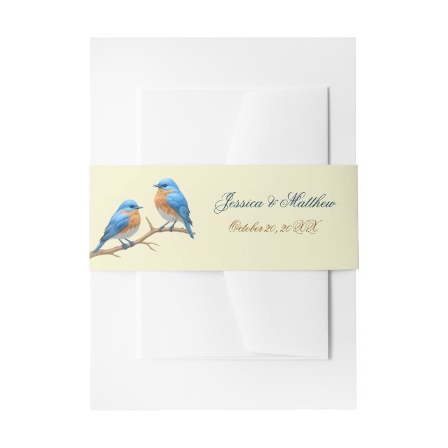 Ivory Pastel Lovebirds Romantic Bluebirds Wedding Invitation Belly Band (Front Example)