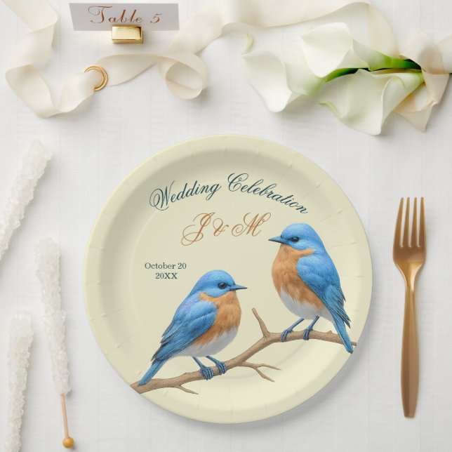 Ivory Pastel Lovebirds Romantic Bluebirds Wedding Paper Plate (Wedding)