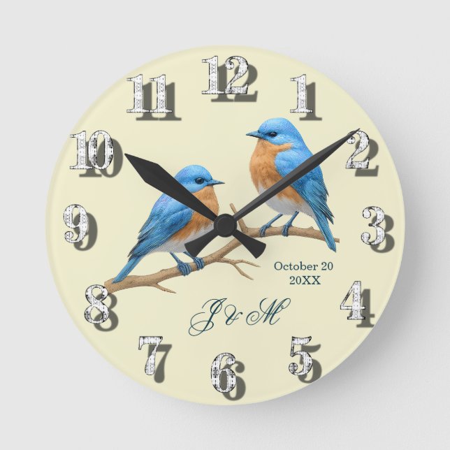 Ivory Pastel Lovebirds Romantic Bluebirds Wedding Round Clock (Front)