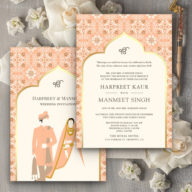 Ivory Peach Pattern Anand Karaj Sikh Wedding Invitation (Creator Uploaded)