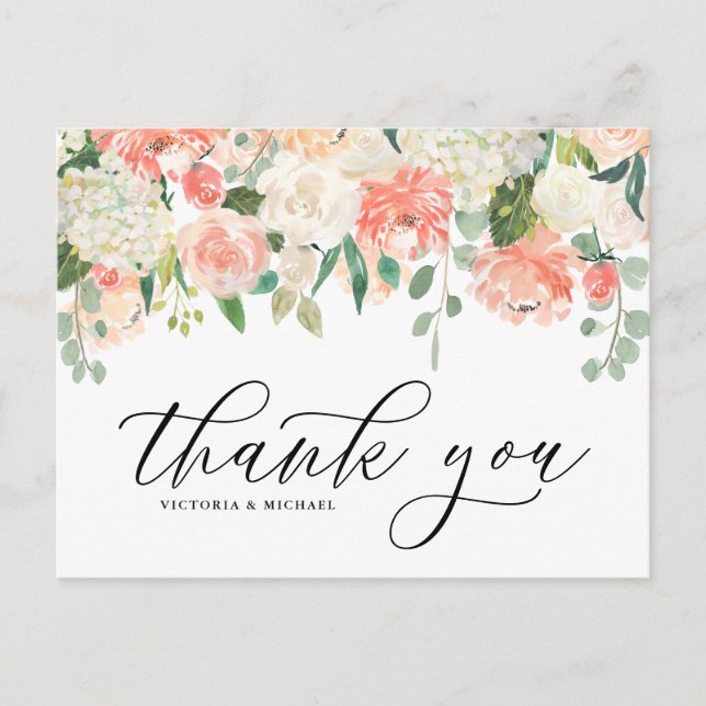 Ivory Peach Peony and Hydrangea Wedding Thank You Postcard (Front)