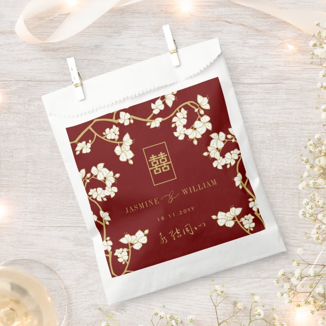 Ivory Peach/Plum Blossoms Double Happiness Wedding Favour Bags (Clipped)