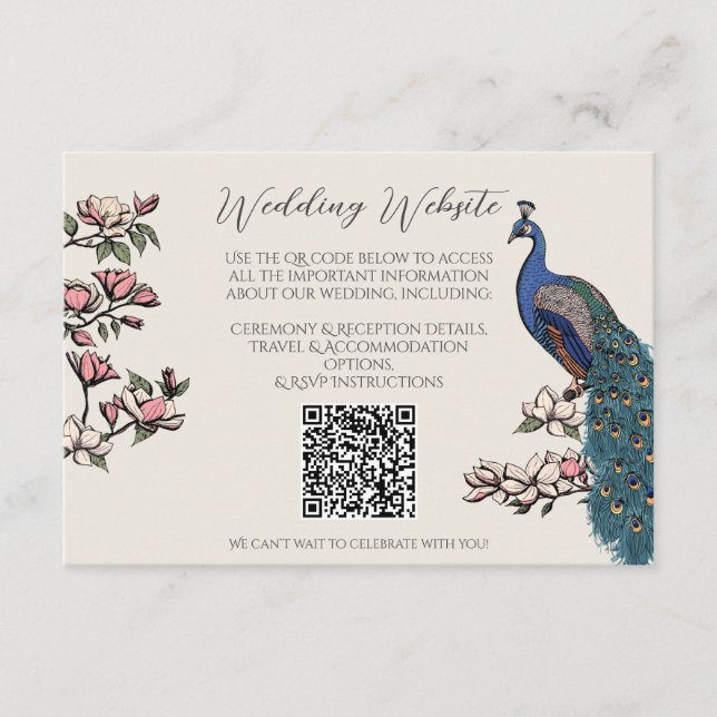 Ivory Peacock Ink Art Wedding QR Card (Front)