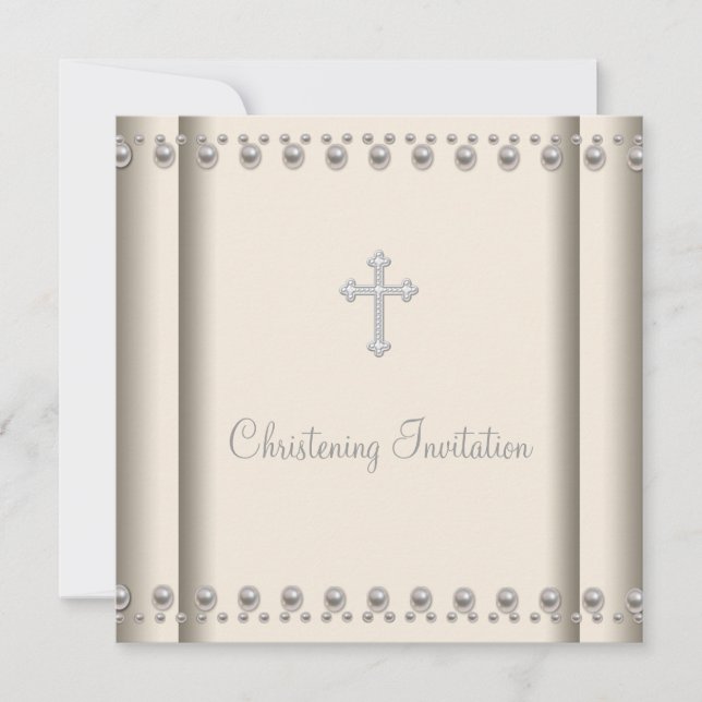Ivory Pearl Cross Baby Boy Girl  Christening Invitation (Front)