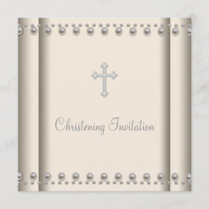 Ivory Pearl Cross Baby Boy Girl  Christening Invitation