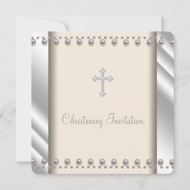 Ivory Pearl Cross Christening Invitation (Front)