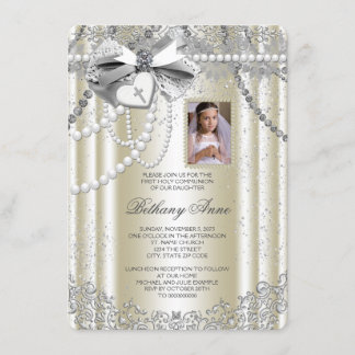 Ivory Pearl Cross Photo First Communion Invitation