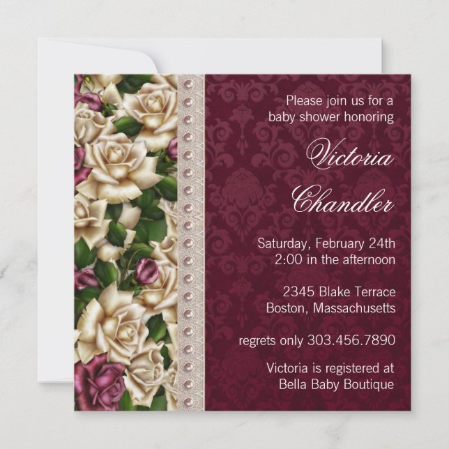 Ivory Pearls Pink Rose Damask Baby Girl Shower Invitation (Front)