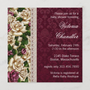 Ivory Pearls Pink Rose Damask Baby Girl Shower Invitation