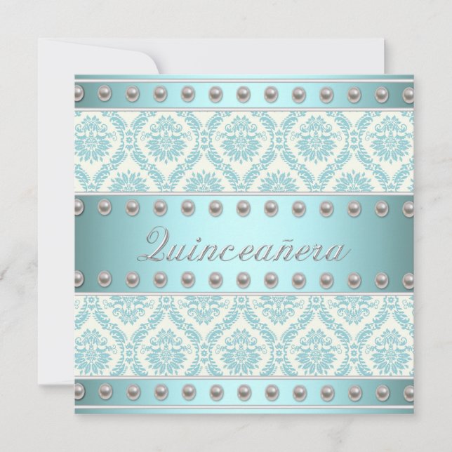 Ivory Pearls Teal Blue White Damask Quinceanera Invitation (Front)