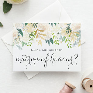 Ivory Peonies Gold Glitter Be My Matron of Honour Card