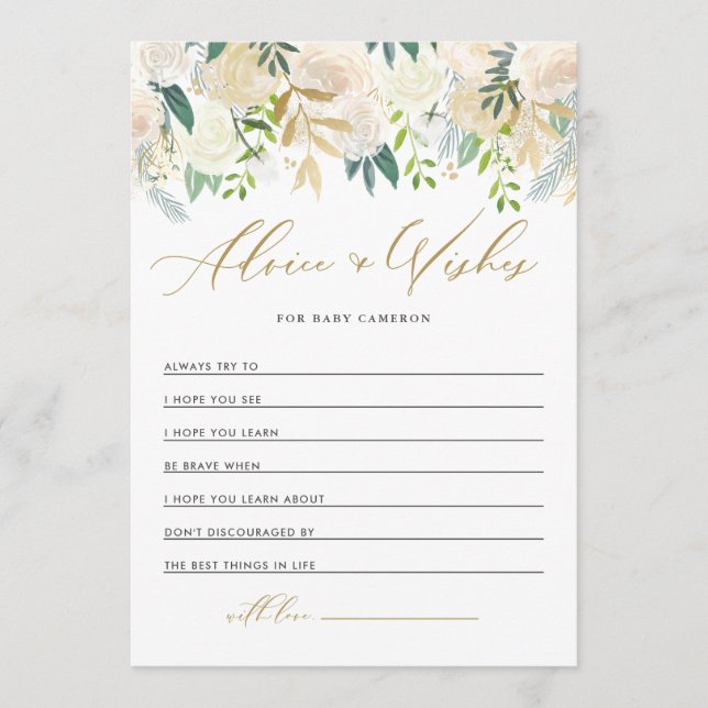 Ivory Peonies Gold Glitter Well Wishes for Baby Advice Card (Front)