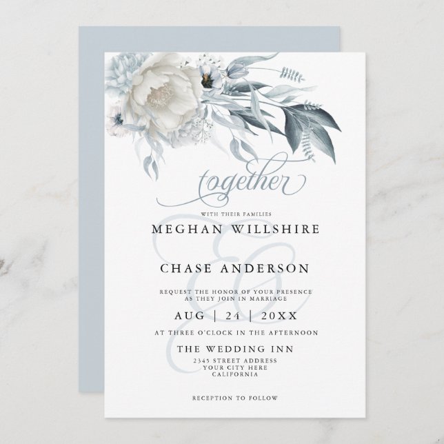 Ivory Peonies with Dusty Blue Anemone Floral Invitation (Front/Back)