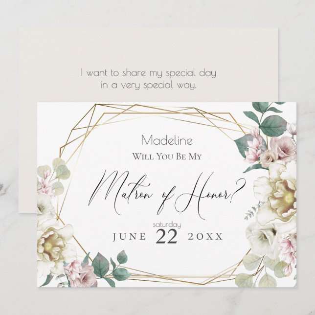 Ivory Peony Flower Will You Be My Matron of Honour Invitation (Front/Back)