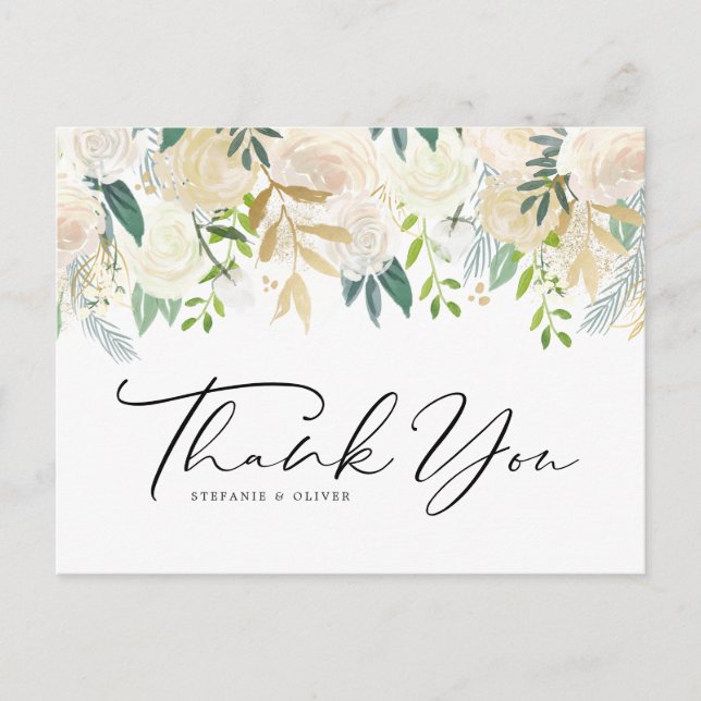 Ivory Peony Flowers and Rose Wedding Thank You Postcard (Front)