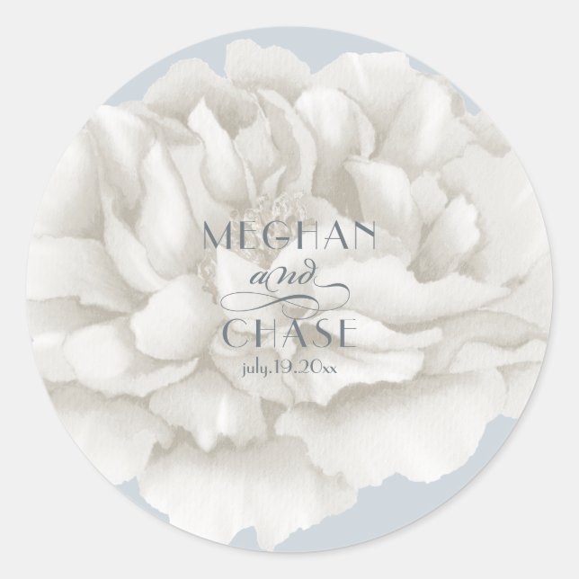 Ivory Peony on Dusty Blue Classic Round Sticker (Front)
