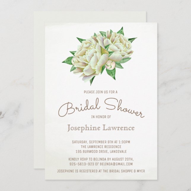 Ivory Peony Watercolor Floral Bridal Shower Invitation (Front/Back)