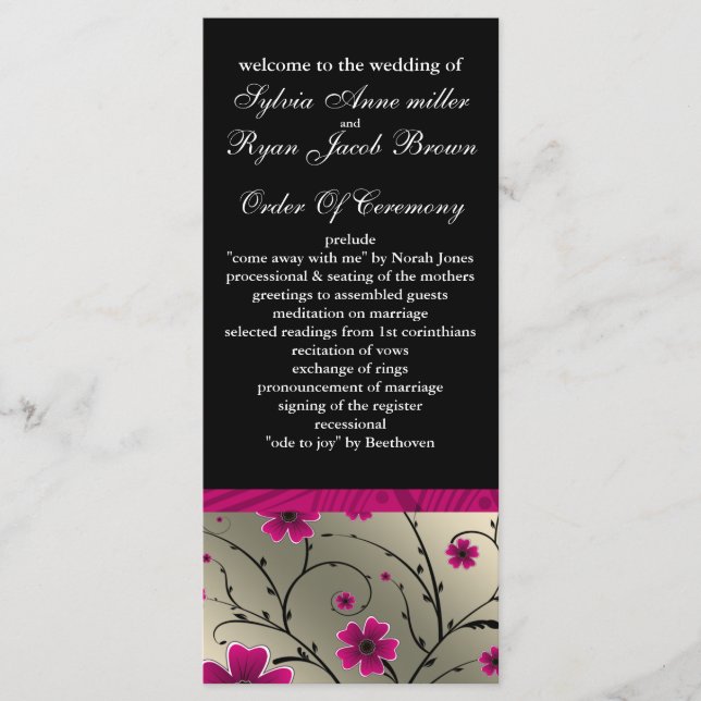 ivory pink and black floral Wedding program Programme (Front)