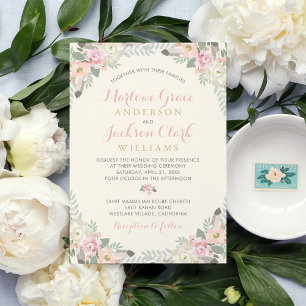 Ivory Pink and Gold Floral Boho Wedding Invitation