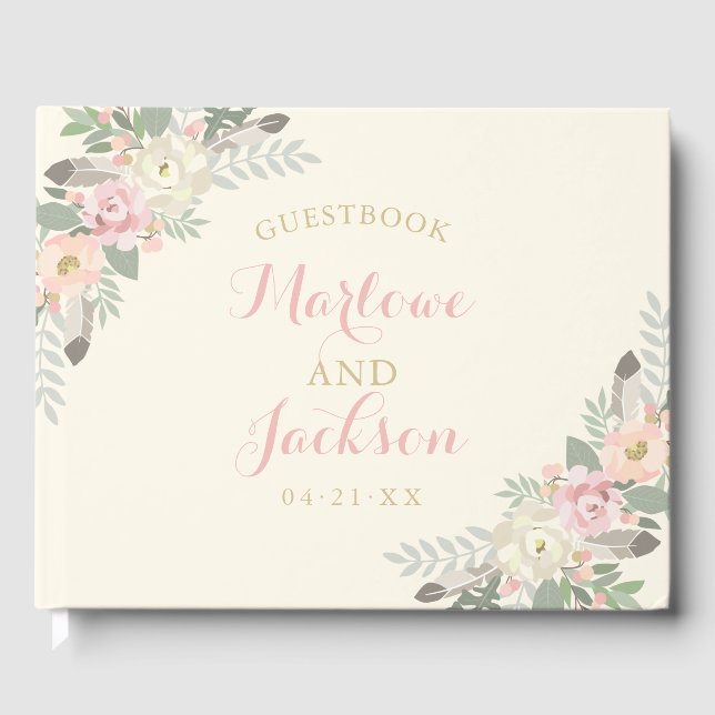 Ivory Pink and Gold Floral Boho Wedding Monogram Guest Book (Front)