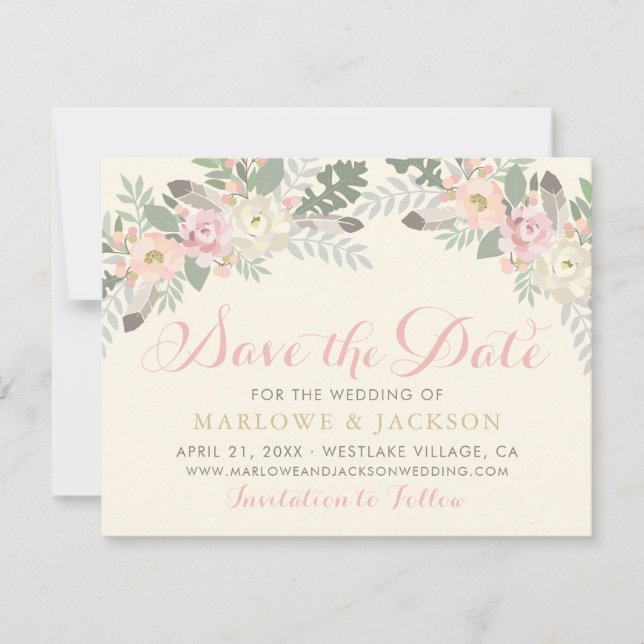 Ivory Pink and Gold Floral Boho Wedding Photo Save The Date (Front)