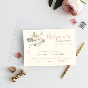 Ivory Pink and Gold Floral Boho Wedding RSVP Card