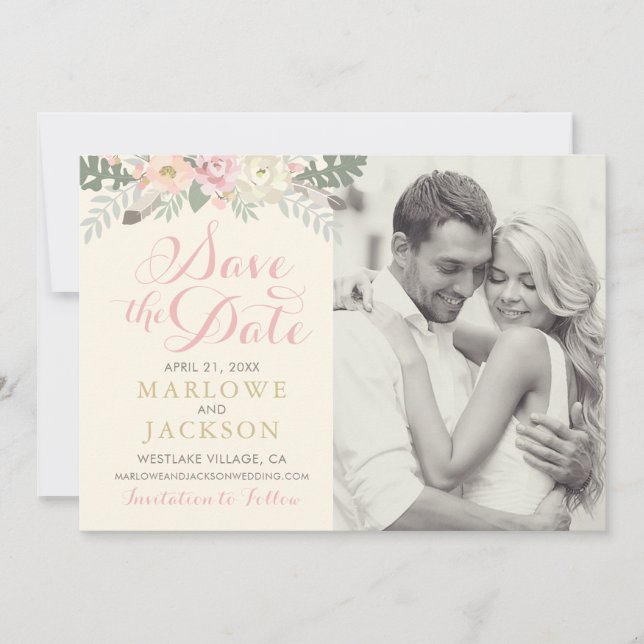 Ivory Pink and Gold Floral Boho Wedding Save The Date (Front)