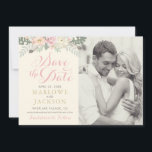 Ivory Pink and Gold Floral Boho Wedding Save The Date<br><div class="desc">This elegant boho style wedding save the date design features romantic peony flowers, botanical leaves, and rustic bird feather accents. Personalise with custom text for your big event and with a favourite engagement photo. Soft colour scheme includes shades of pink, peach, cream, green, grey, and gold. Perfect for a spring...</div>