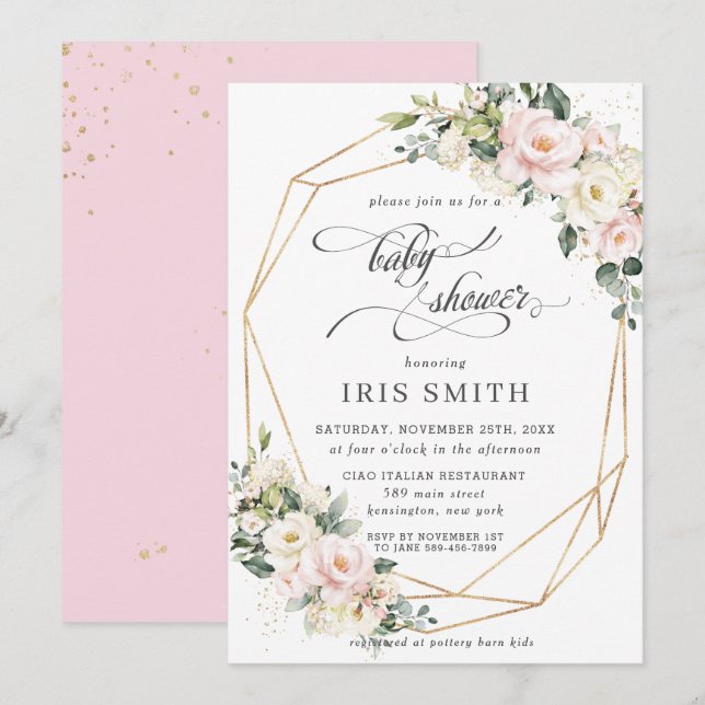 Ivory Pink Blush Floral Geometric Baby Shower  Invitation (Front/Back)
