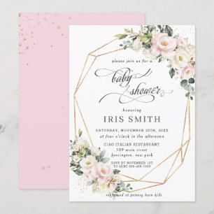 Ivory Pink Blush Floral Geometric Baby Shower Invitation