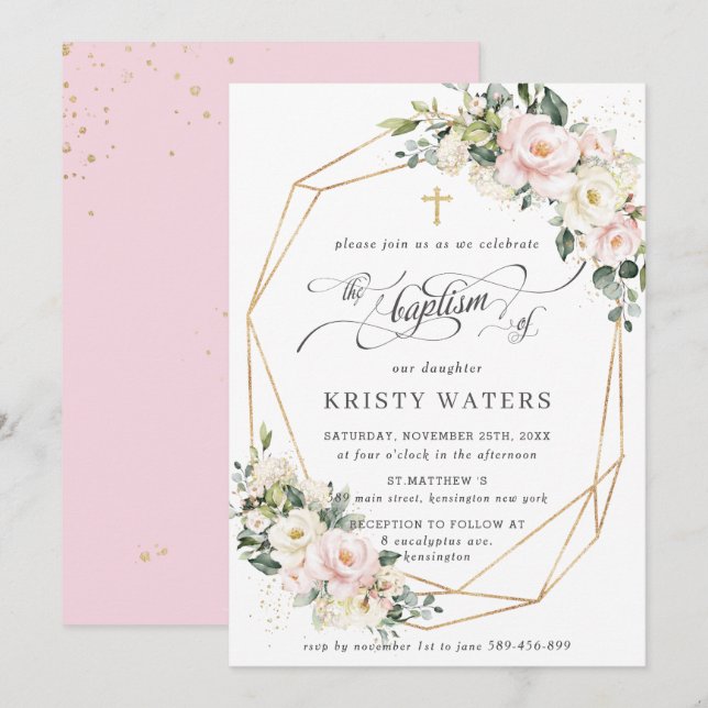 Ivory Pink Blush Floral Greenery Baptism Geometric Invitation (Front/Back)