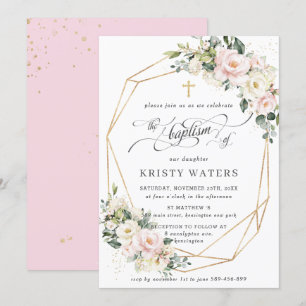 Ivory Pink Blush Floral Greenery Baptism Geometric Invitation