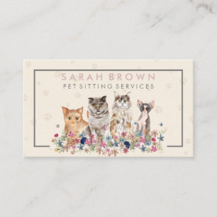 Ivory Pink Cats Flowers Pet Groomer Business Card
