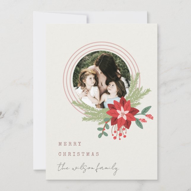 Ivory Pink Christmas Ornament Photo Poinsettia Holiday Card (Front)