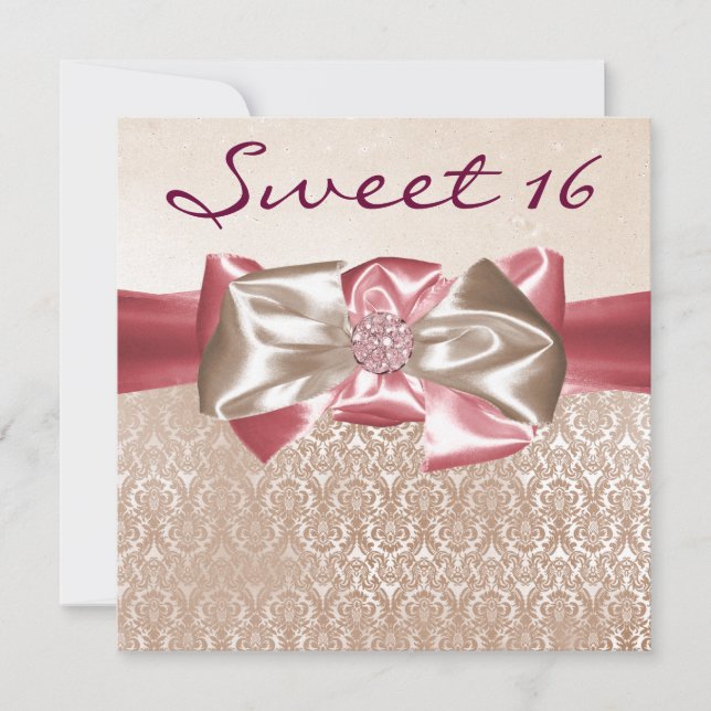 Ivory Pink Damask Sweet 16 Birthday Party Invitation (Front)