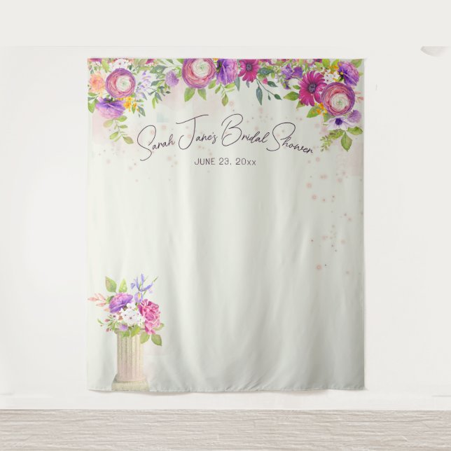 Ivory & Pink Floral Bridal Photo Booth Backdrop Tapestry (Front)