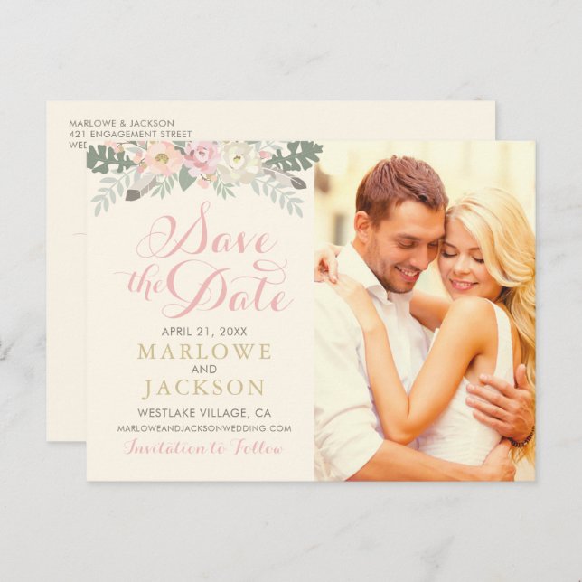 Ivory Pink Gold Floral Boho Photo Save the Date Announcement Postcard (Front/Back)