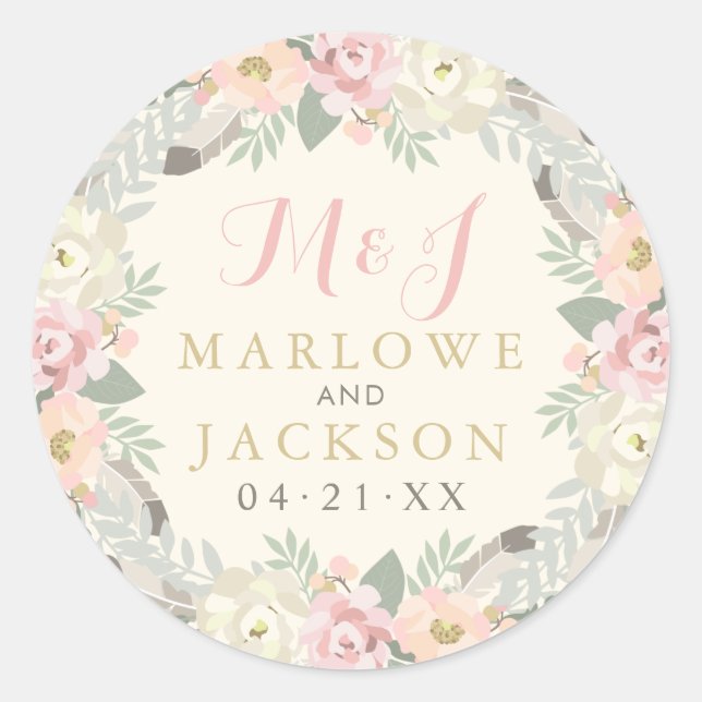 Ivory Pink Gold Floral Boho Wedding Monogram Classic Round Sticker (Front)