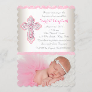 Ivory Pink Lace Diamond Cross Photo Baptism Invitation