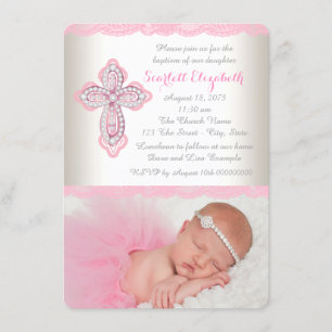 Ivory Pink Lace Diamond Cross Photo Baptism Invitation