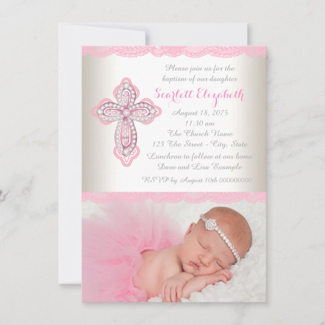Ivory Pink Lace Diamond Cross Photo Baptism Invitation (Front)