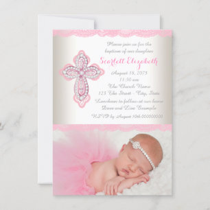 Ivory Pink Lace Diamond Cross Photo Baptism Invitation