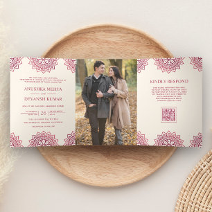Ivory Pink Mandala Ethnic QR Code Indian Wedding Tri-Fold Invitation