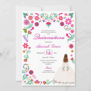 Ivory Pink Otomi Embroidery Quinceañera Invitation