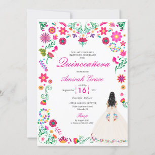 Ivory Pink Otomi Embroidery Quinceañera Invitation
