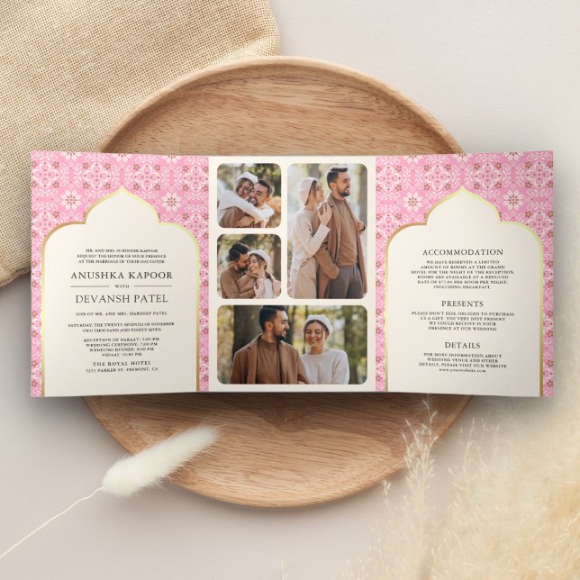 Ivory Pink Pattern All in One Indian Wedding Tri-Fold Invitation (Creator Uploaded)