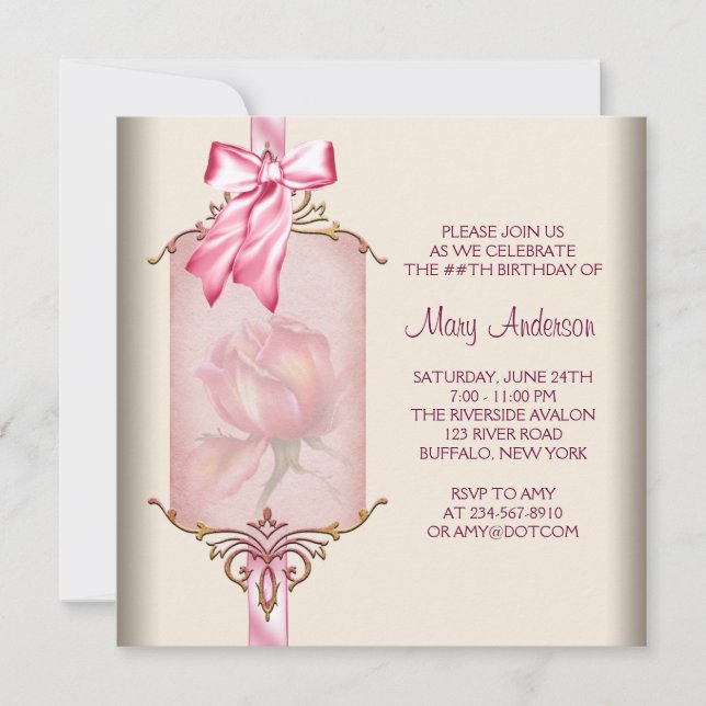Ivory Pink Rose Womans Birthday Party Invitation (Front)