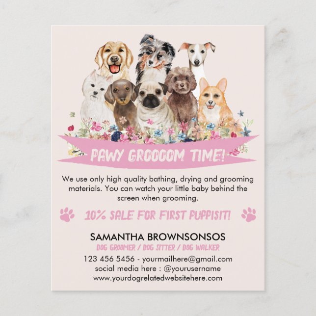 Ivory Pink Simple Floral Illustrated Dog groomer Flyer (Front)